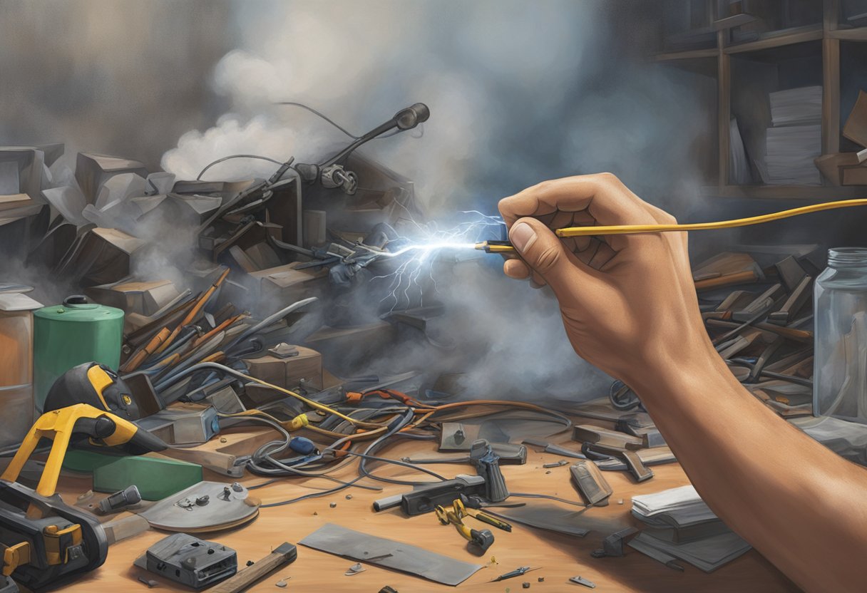 Eduardo Garcia's hand reaches for a live wire, causing a fateful accident. Smoke billows as he falls to the ground, surrounded by scattered tools