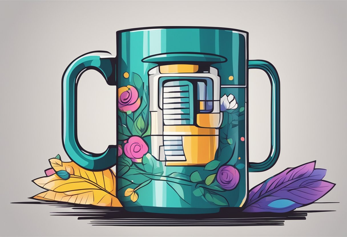 A mug being printed with a colorful design using a specialized printing machine