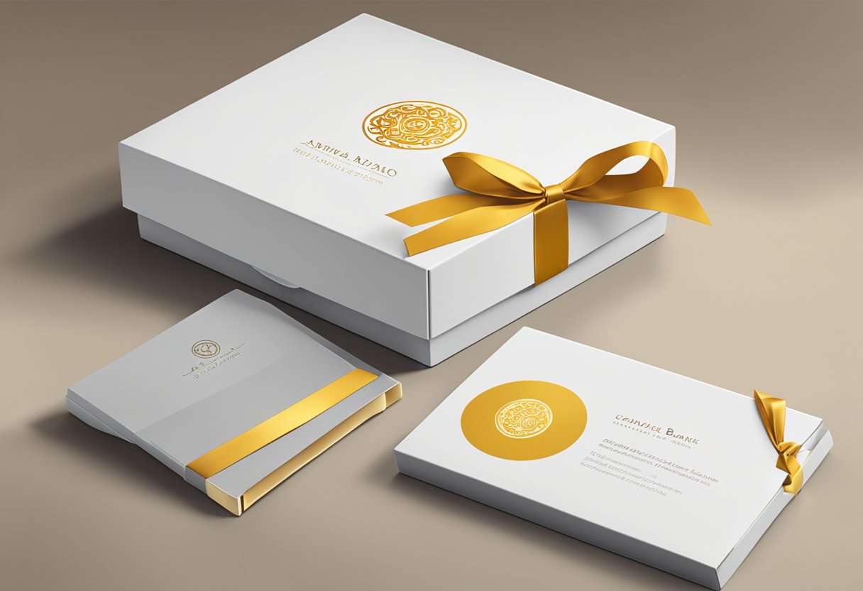 A mooncake box sits on a sleek office desk, adorned with a corporate logo. A ribbon and a personalized card add a touch of elegance to the gift