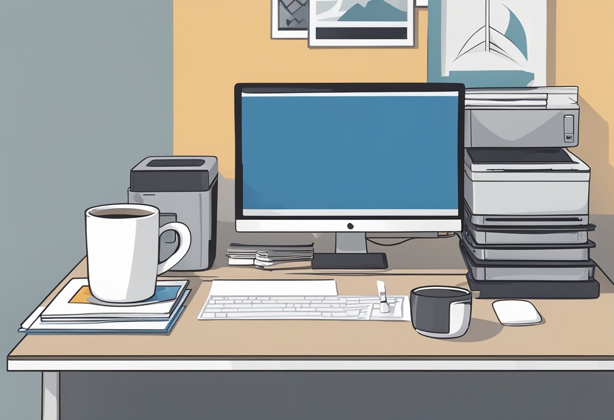 A blank ceramic mug sits on a table next to a computer, printer, and stack of printed designs