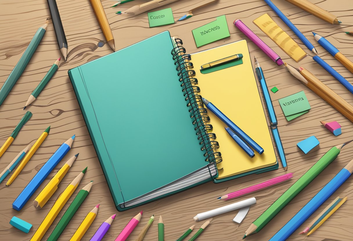 A notebook with a name engraved on the cover sits on a wooden desk, surrounded by scattered pens and pencils