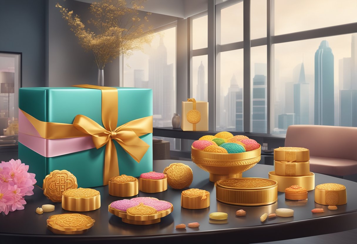 A table adorned with a variety of mooncakes in elegant packaging, surrounded by luxurious corporate gifts and a backdrop of a modern office setting