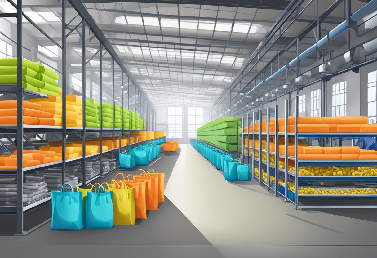 A non-woven bag supplier's warehouse with stacks of colorful bags and a production line of machines