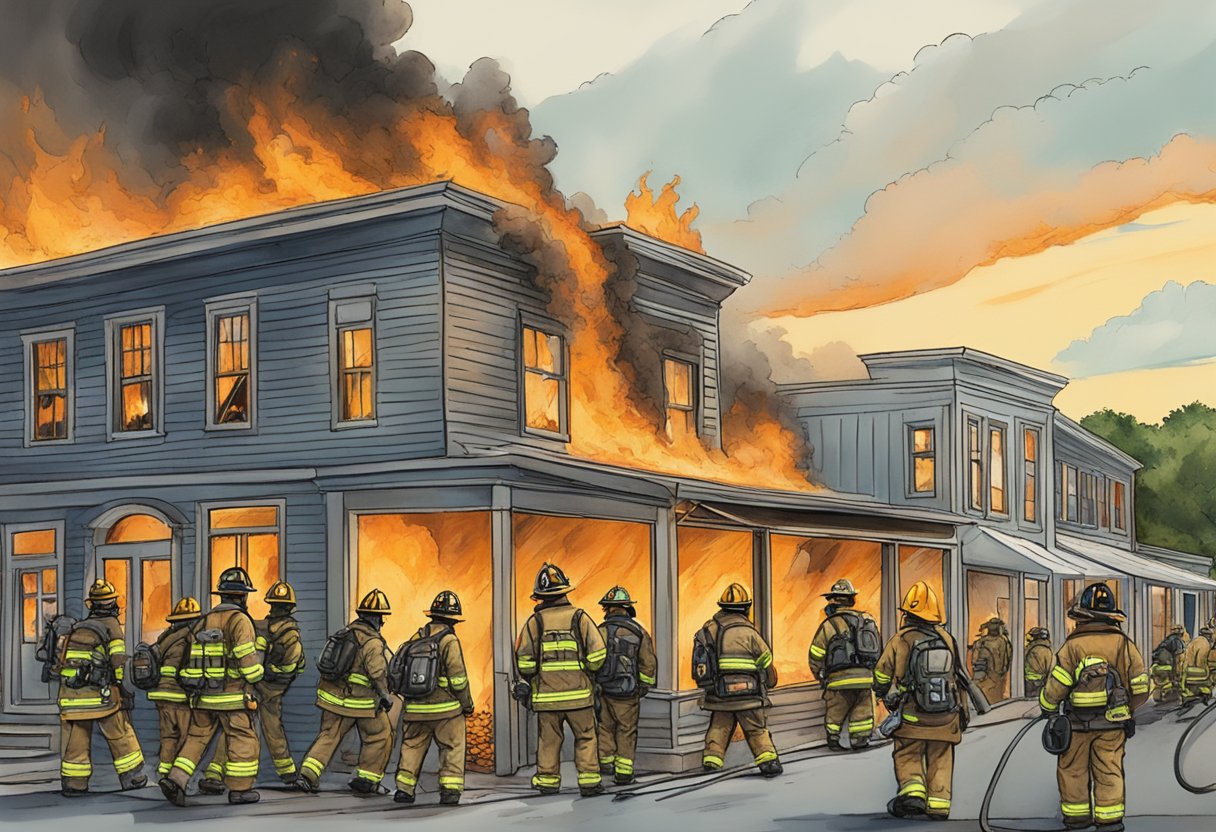 The Amagansett Press building engulfed in flames, with firefighters battling the blaze and onlookers gathered in shock