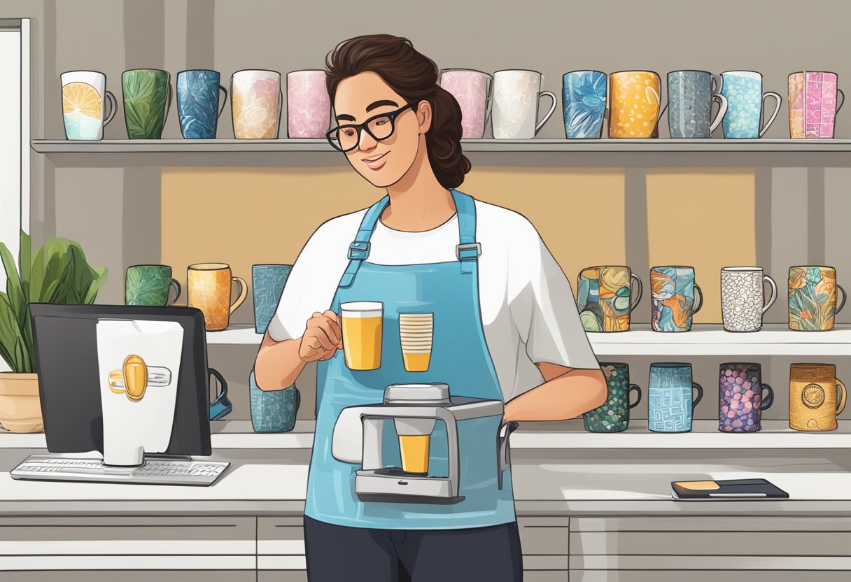 A person selects a design, uploads an image, and places an order for custom mug printing