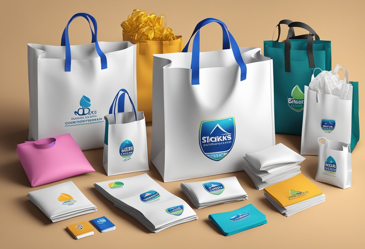 A stack of non-woven bags with company logos, surrounded by promotional materials and branding items