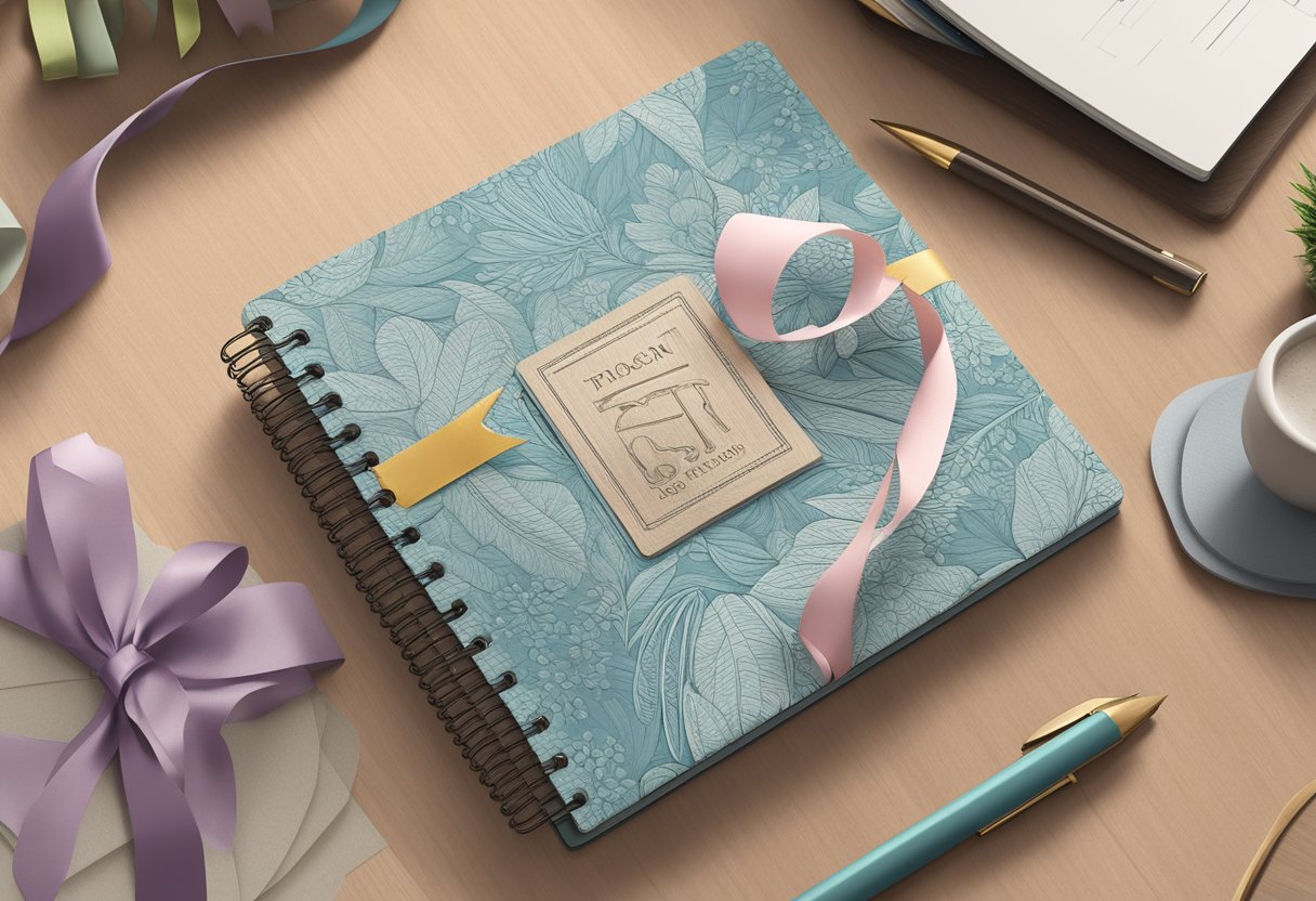 A personalised notebook sits on a wooden desk, adorned with a custom embossed cover and a coordinating ribbon bookmark