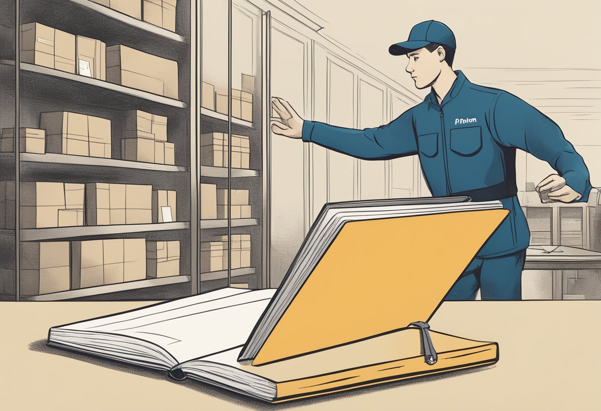 A hand reaches for a notebook with engraved name, while a delivery person stands nearby