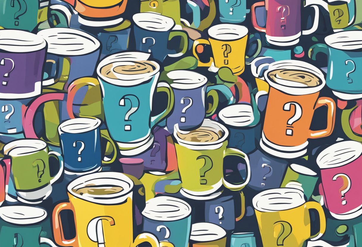 A mug with "Frequently Asked Questions" printed in bold letters, surrounded by various question marks in different sizes and colors