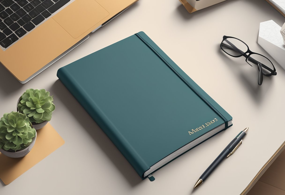 A personalized notebook with a sleek cover, custom name embossed, lies open on a desk with a pen resting on top