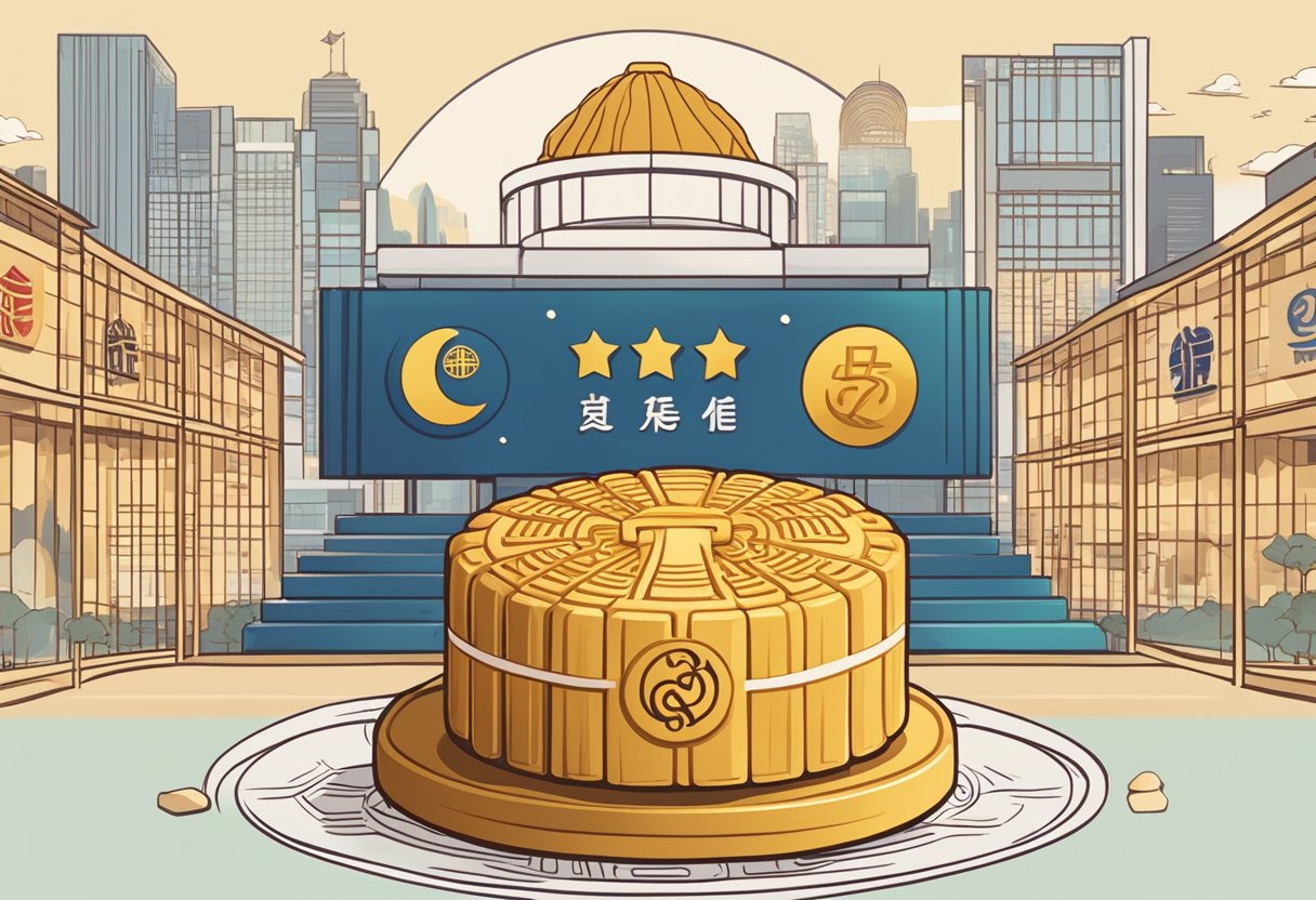 A mooncake surrounded by corporate logos and a ribbon, with a "Frequently Asked Questions" sign nearby