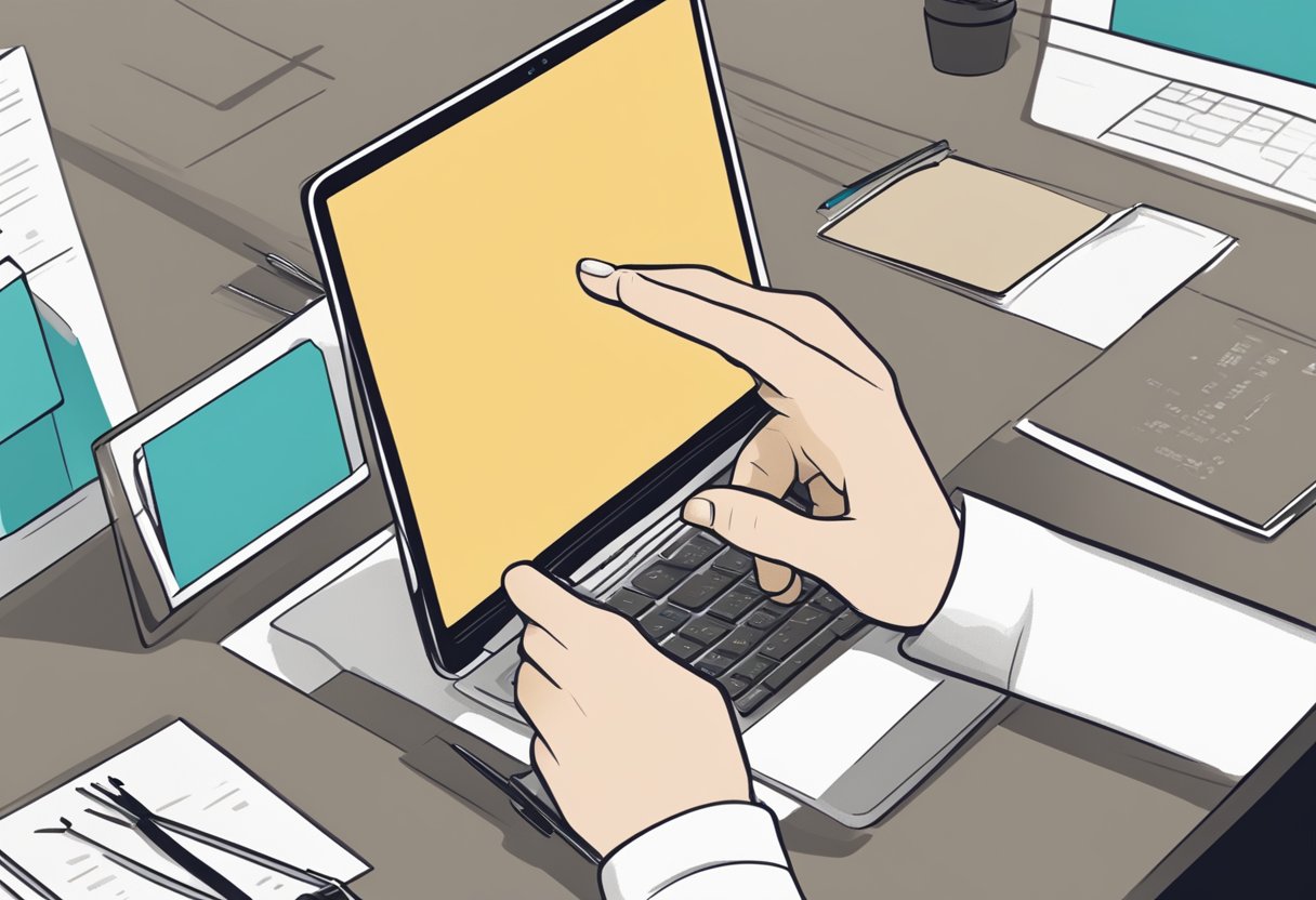 A hand reaches out to select a personalized notebook from a display. Another hand holds a delivery option card