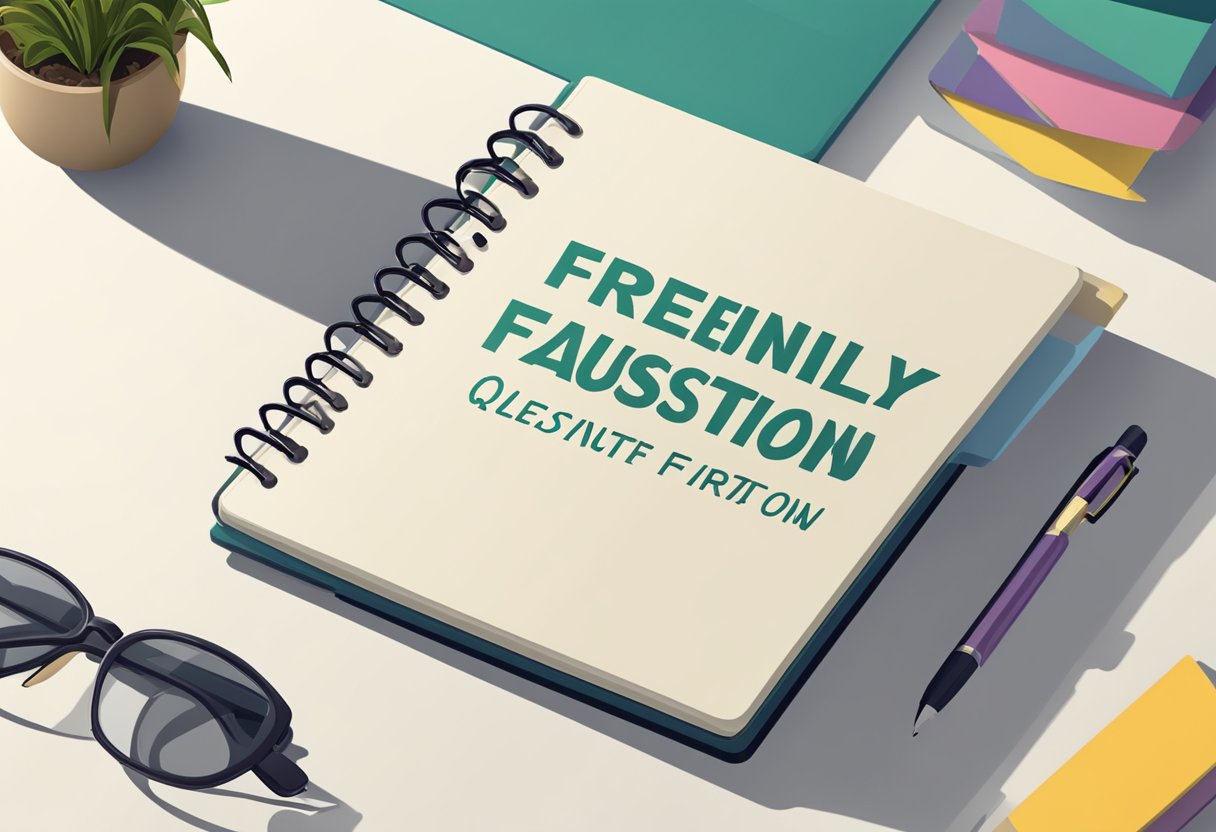 A notebook with "Frequently Asked Questions" engraved on the cover sits on a desk