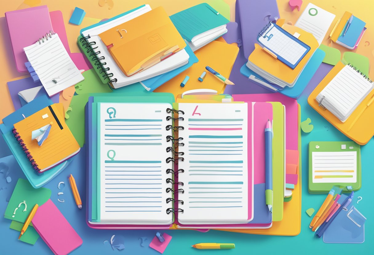 A notebook with "Frequently Asked Questions" printed on the cover, surrounded by various question marks and a bright, engaging color scheme