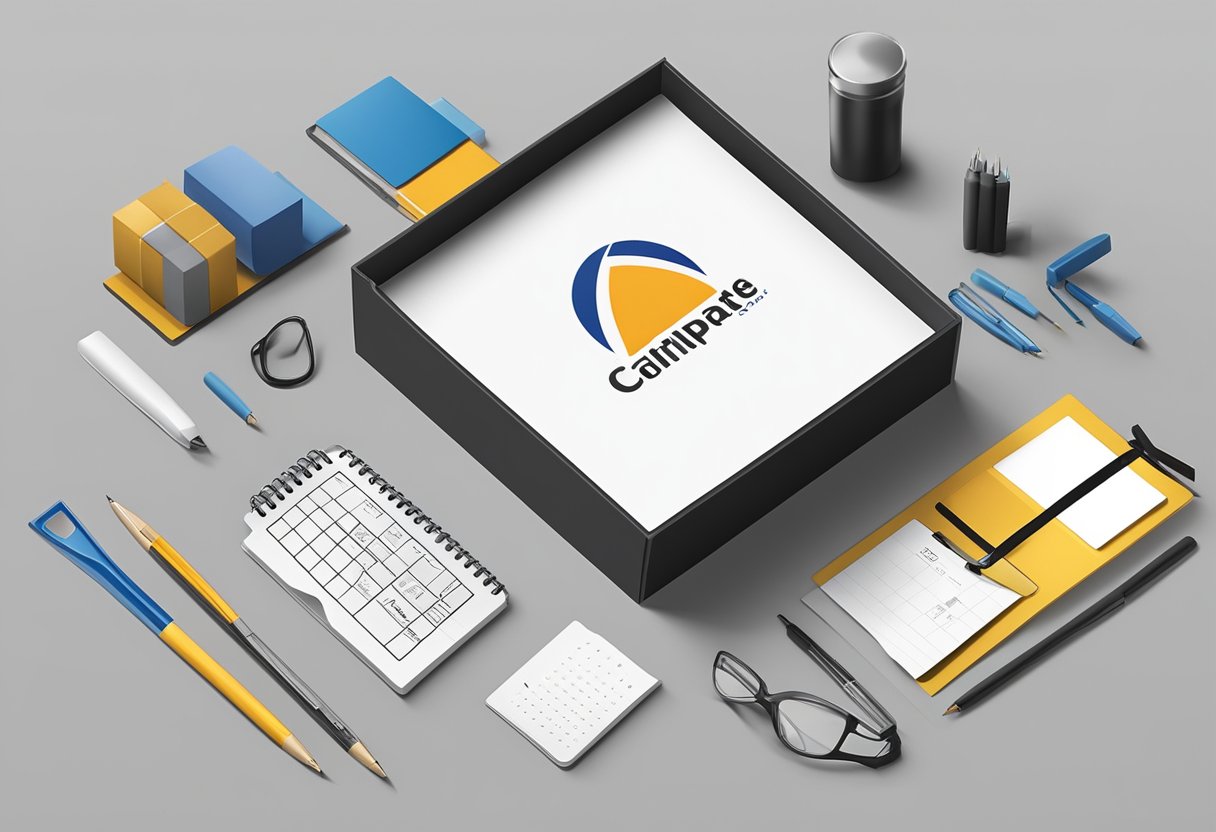 A corporate logo on a gift box, surrounded by office supplies and a calendar, symbolizing the importance of corporate gifting in business