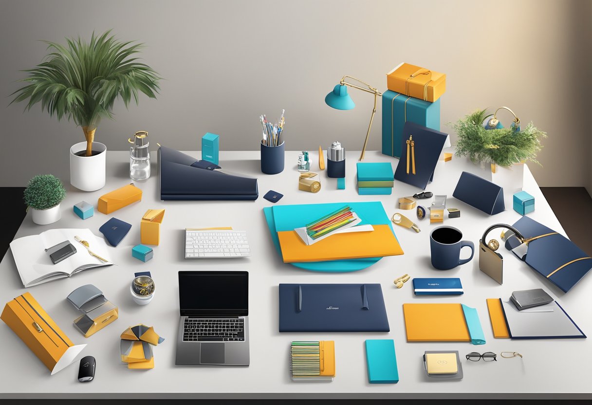 A table adorned with various corporate gifts, including branded items and luxury products, displayed in an organized and visually appealing manner