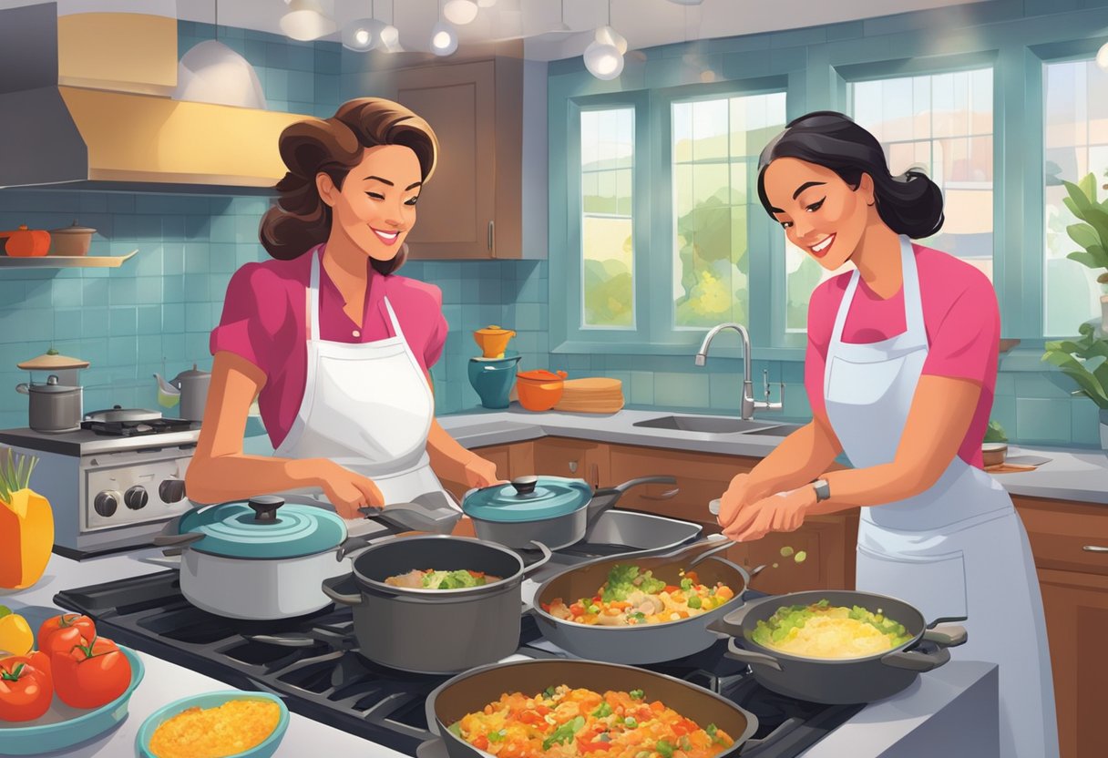 A bustling Hollywood kitchen with sizzling pans, colorful ingredients, and a sense of urgency as Liz faces a culinary challenge with Selena