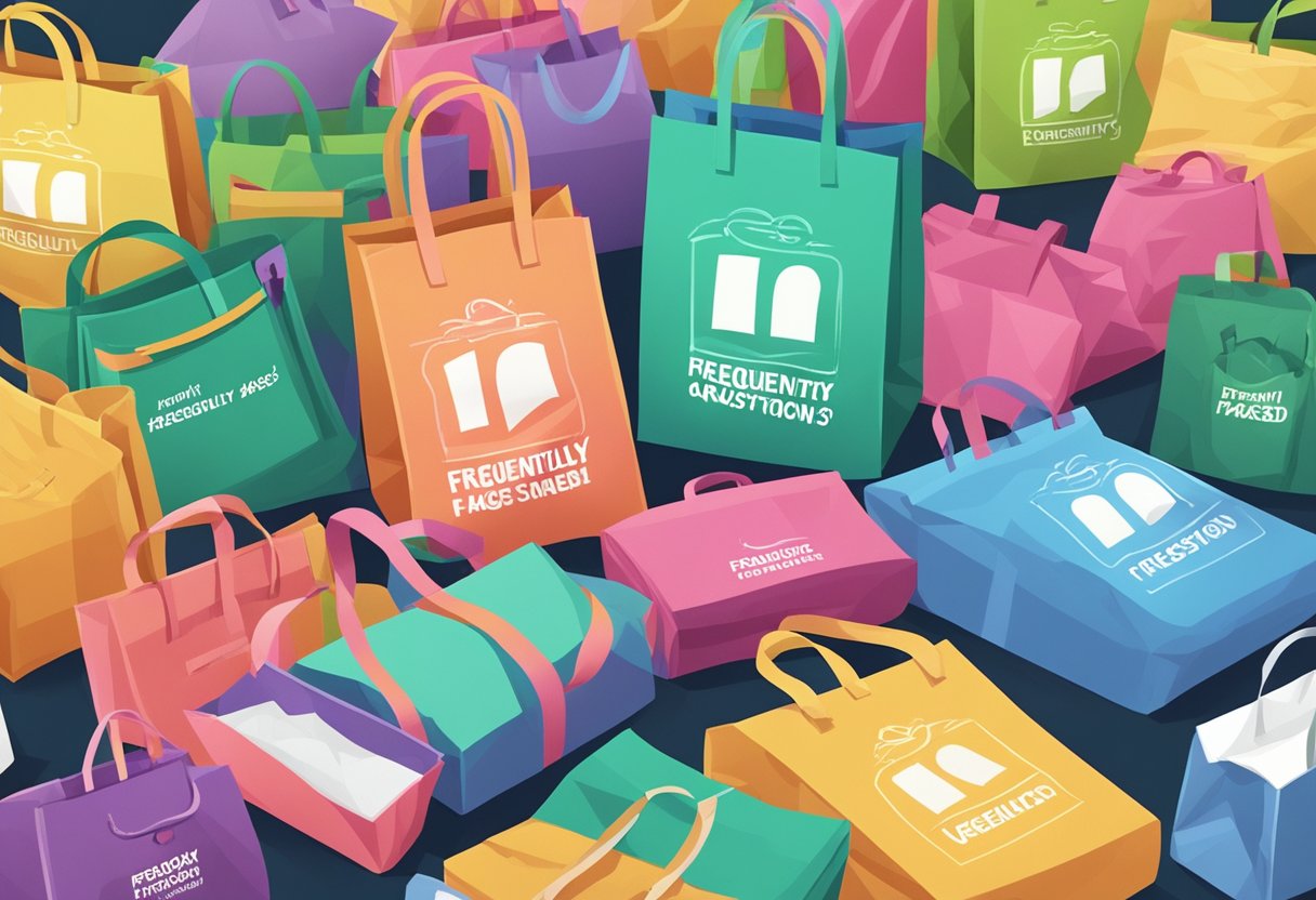 A stack of non-woven bags with "Frequently Asked Questions" printed on them, surrounded by various colorful and eco-friendly designs