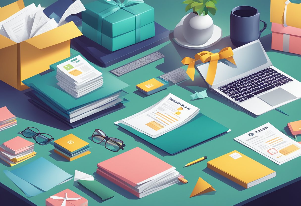 A desk with a stack of "Frequently Asked Questions" papers and a gift box surrounded by corporate logos and symbols