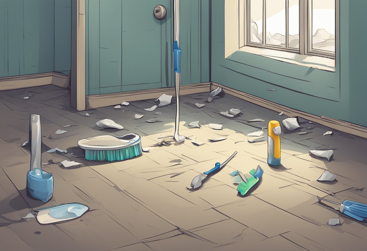 The empty, decrepit room held only a small, discarded toothbrush and a single, broken tooth on the floor