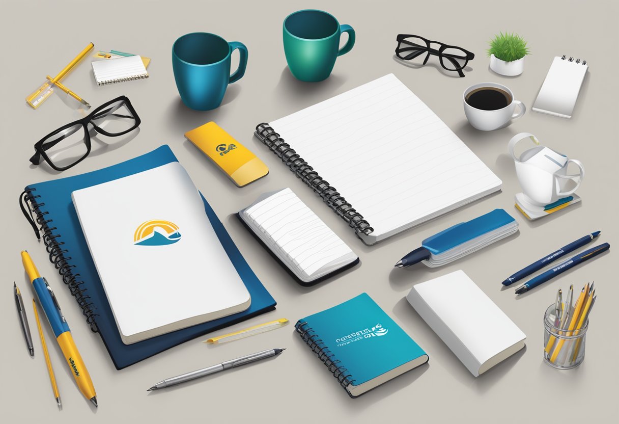 A table adorned with branded items: pens, notebooks, and mugs. A company logo is prominently displayed on each item