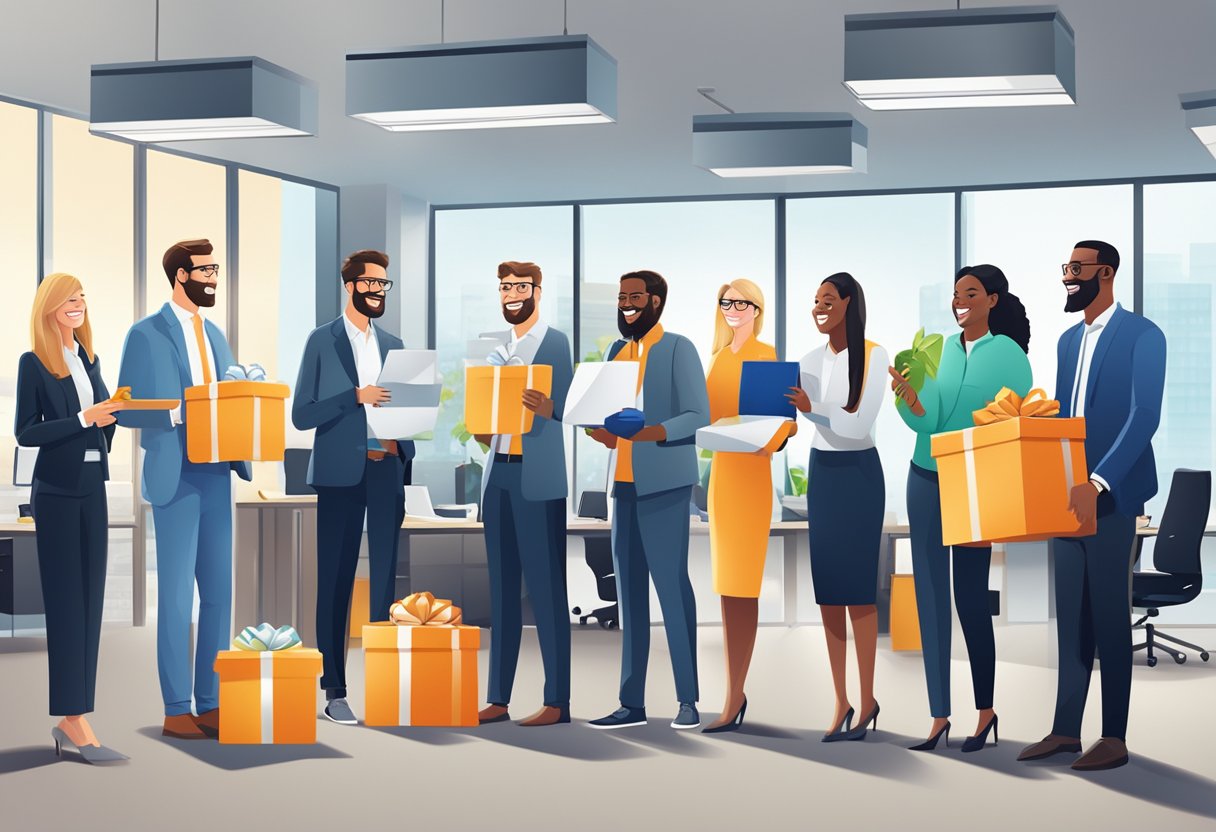 A diverse group of employees receiving personalized corporate gifts in a modern office setting, with smiles and excitement