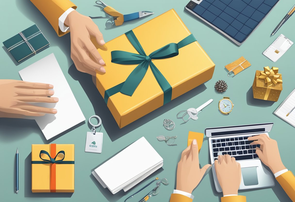 A hand reaches for a personalized corporate gift among a selection of items, with a logo displayed prominently