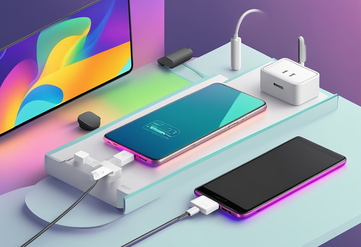 A powerbank sits on a sleek, modern desk, surrounded by electronic devices. A promotional banner hangs above, featuring bold text and vibrant colors