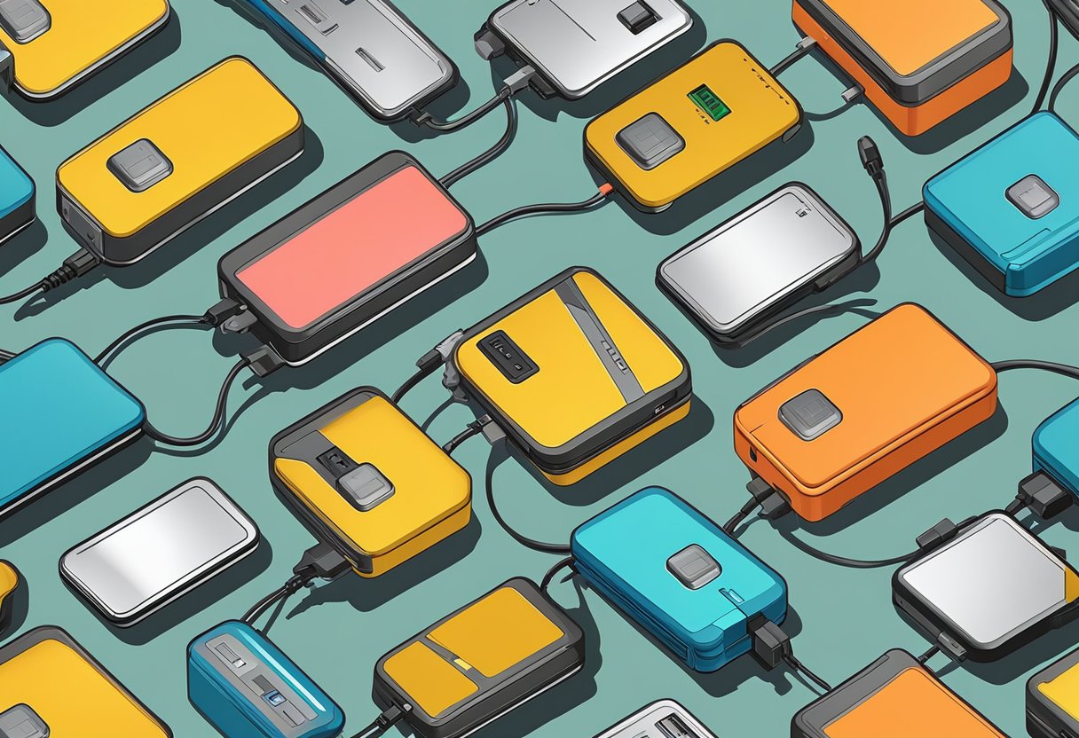 Multiple portable battery power packs connected to various electronic devices, with charging cables and indicator lights
