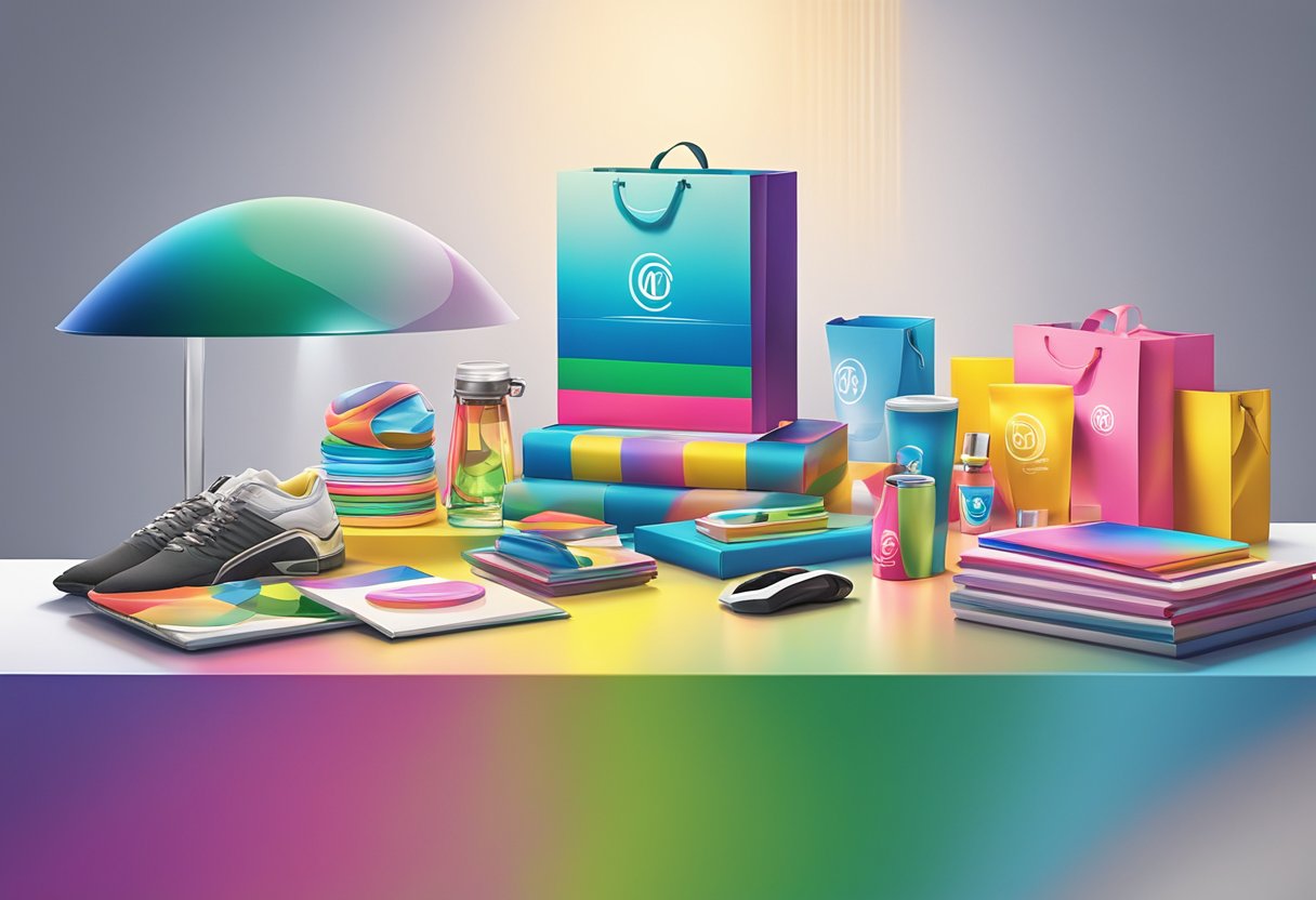 A colorful array of branded merchandise displayed on a sleek, modern table with a bright spotlight shining down on them