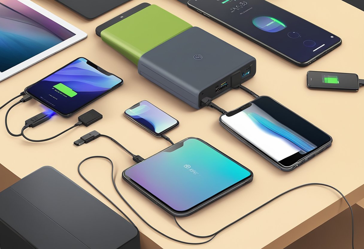 A portable battery power pack sits on a desk, connected to a smartphone and tablet. The pack has LED indicators to show the remaining power