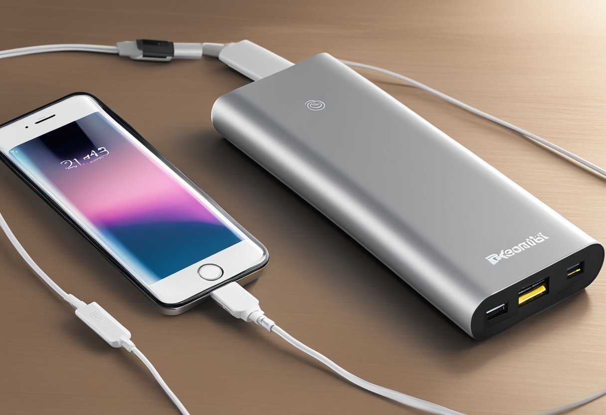 A power bank sits on a table, connected to a smartphone. The power bank's logo is visible, and a promotional banner is displayed next to it