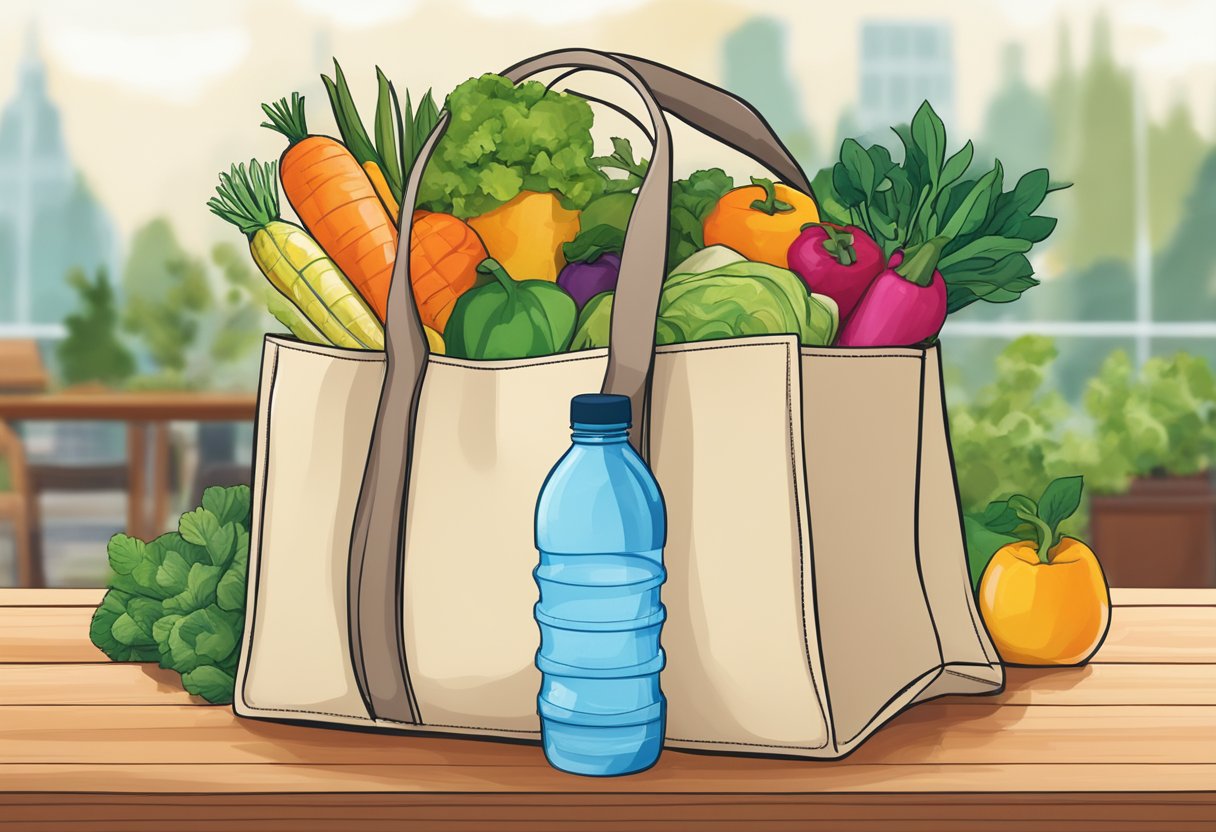 A recycled tote bag sits on a wooden table, filled with fresh produce and a reusable water bottle. The bag is adorned with colorful, eco-friendly designs