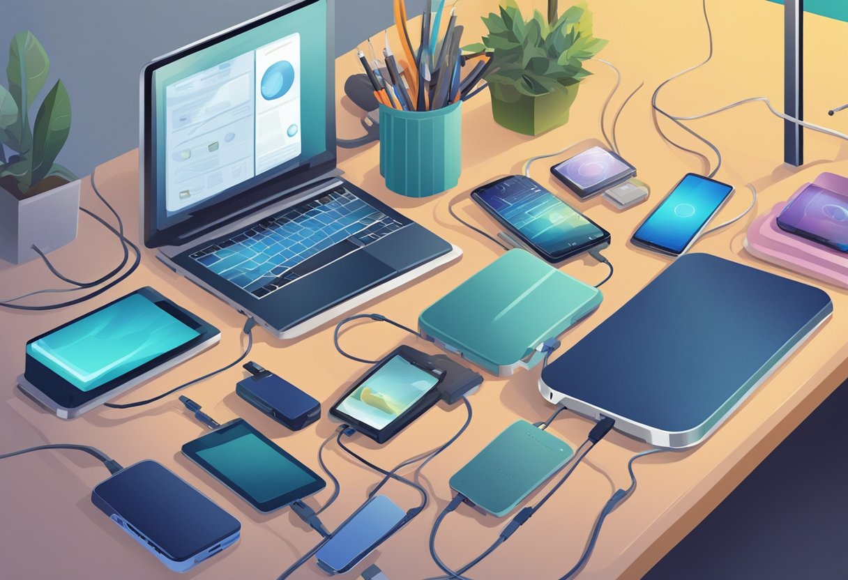 A hand reaches for a portable battery power pack on a cluttered desk, surrounded by various electronic devices and cables
