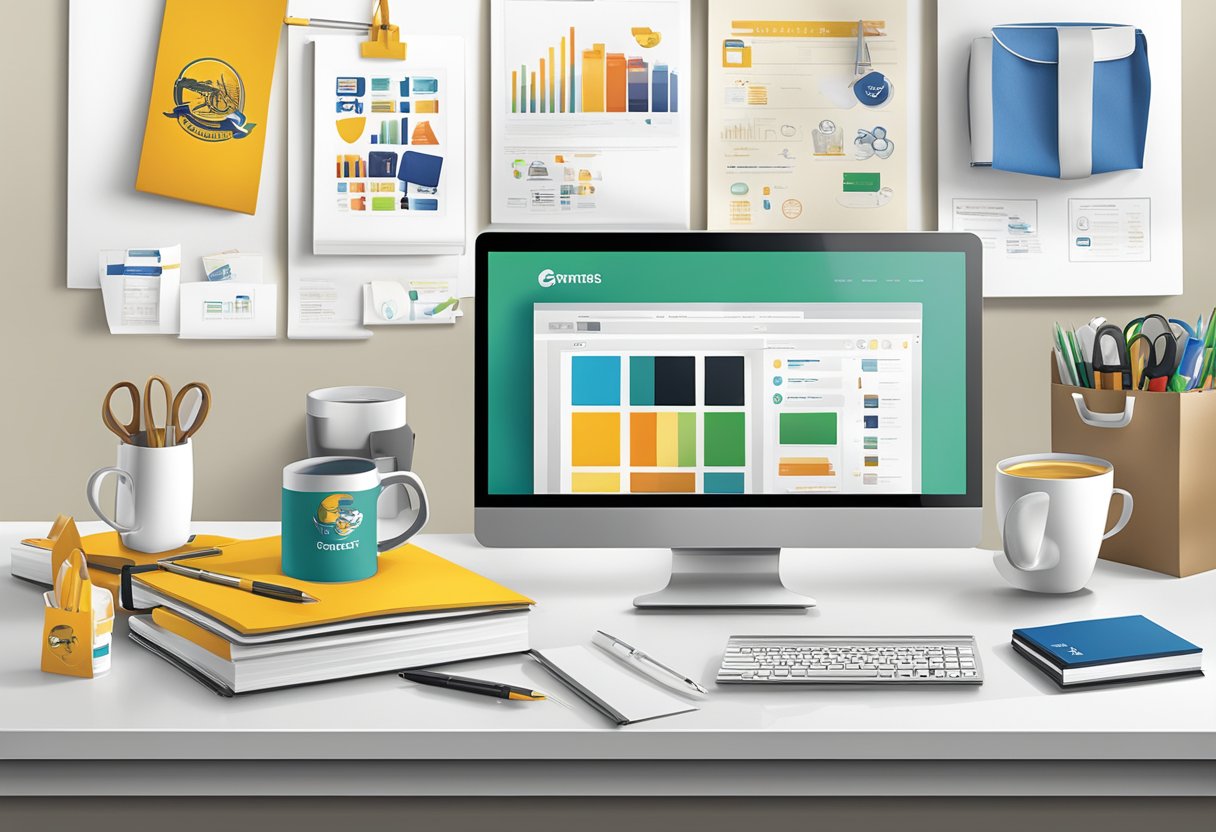 A variety of promotional products displayed on a table with branding and logos, including pens, mugs, and tote bags
