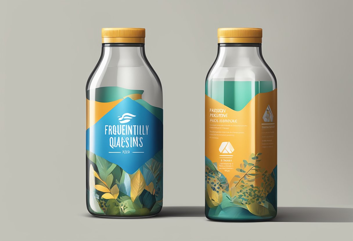 A bottle with a prominent "Frequently Asked Questions" logo printed on the front