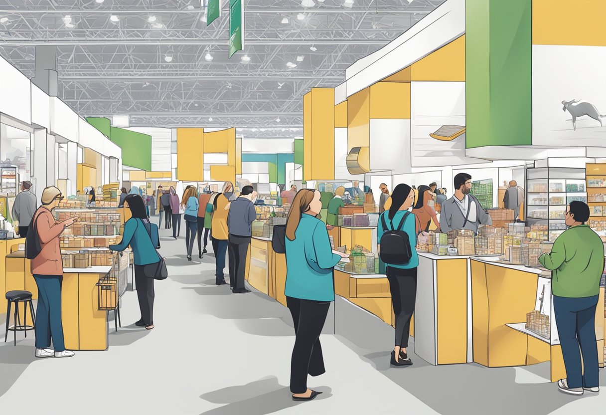 A bustling corporate gift show with vendors showcasing products and attendees browsing displays