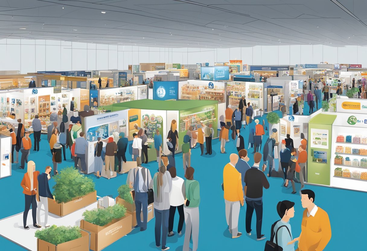 The corporate gift show bustles with exhibitors and visitors browsing displays of branded merchandise and promotional items