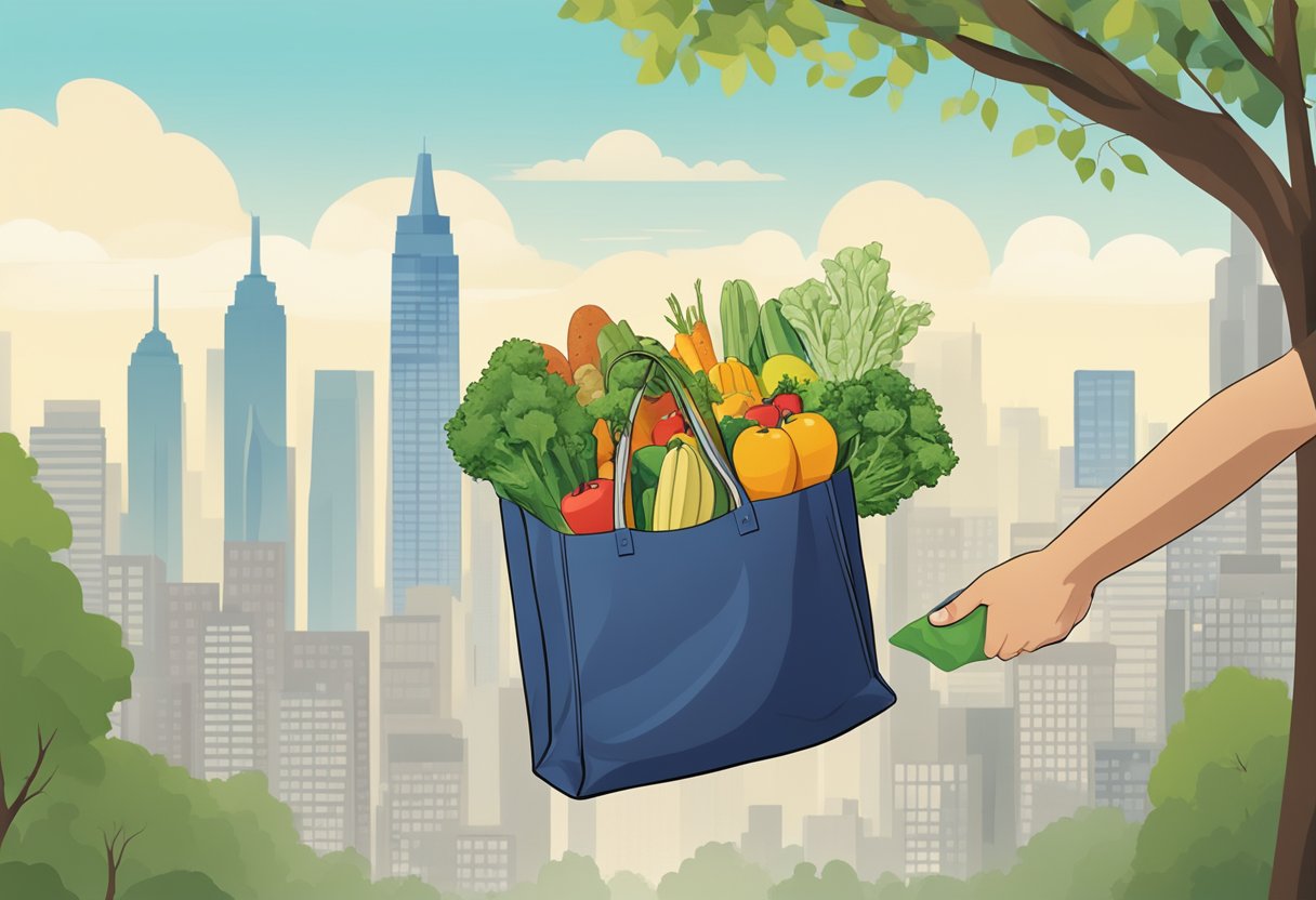 A hand reaches for a recycled tote bag filled with groceries, while a city skyline and trees are visible in the background