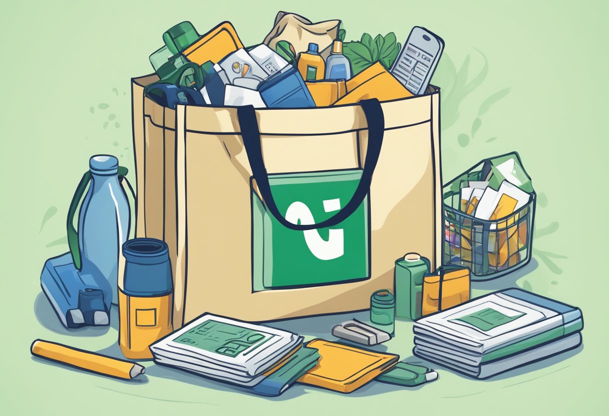 A tote bag filled with frequently asked questions printed on it, surrounded by various recyclable items