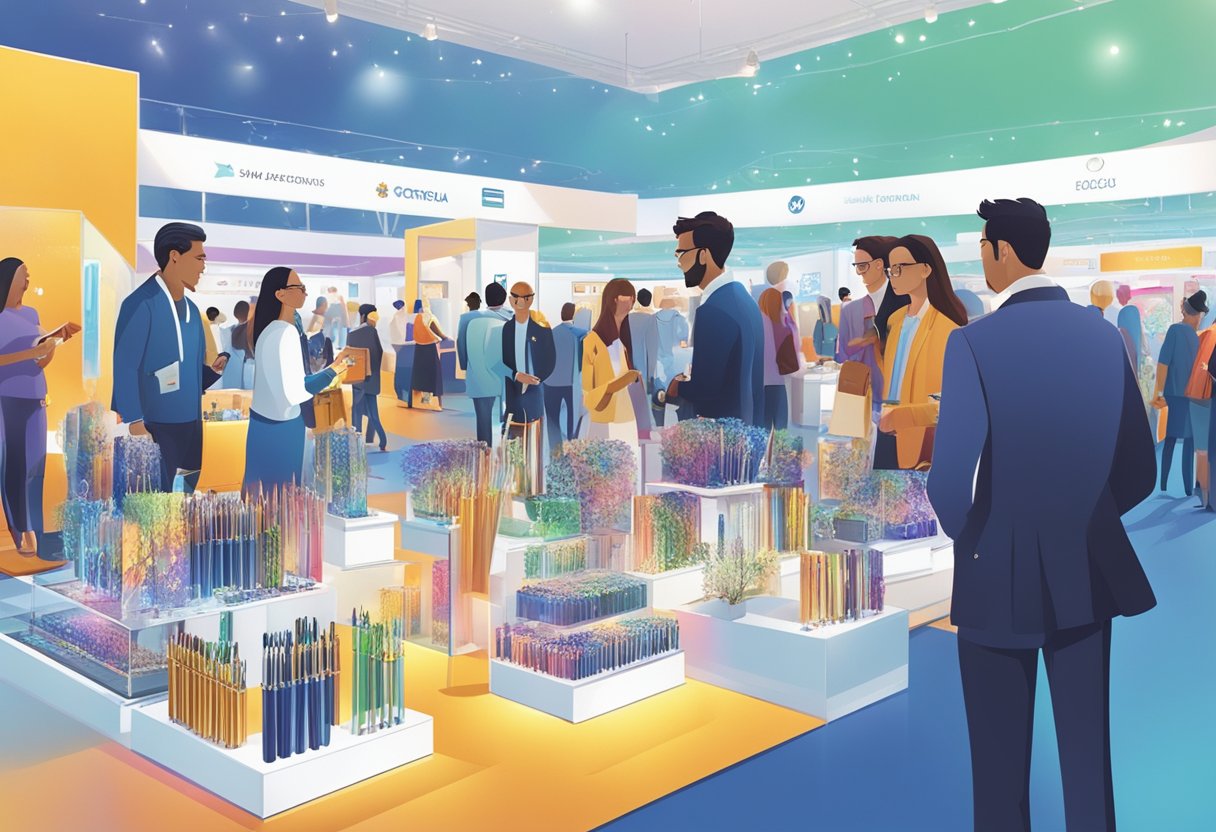 Attendees browse booths, admiring a variety of corporate gifts. Brightly lit displays showcase elegant pens, tech gadgets, and luxury items