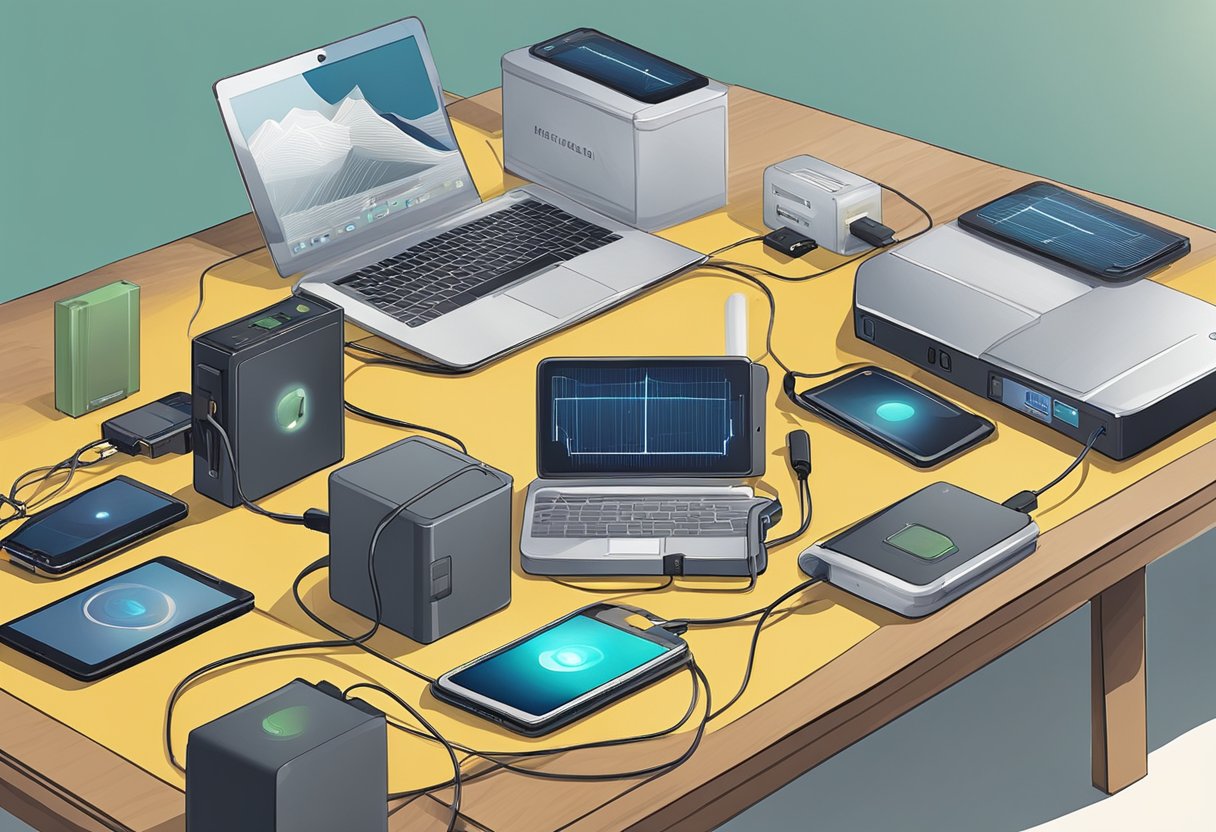 A table with various electronic devices connected to portable battery power packs