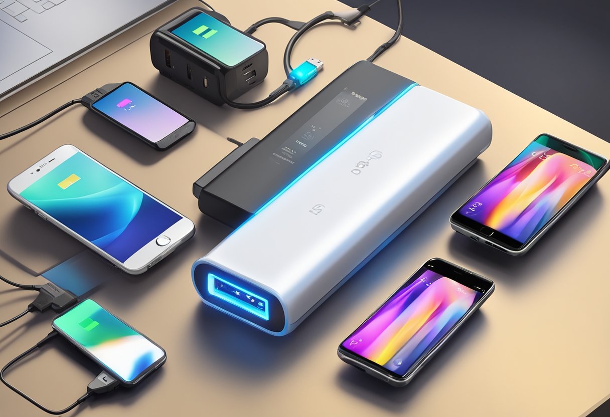 A table displaying various power banks with promotional materials and logos. A banner advertises discounts and special offers. Bright lighting highlights the products