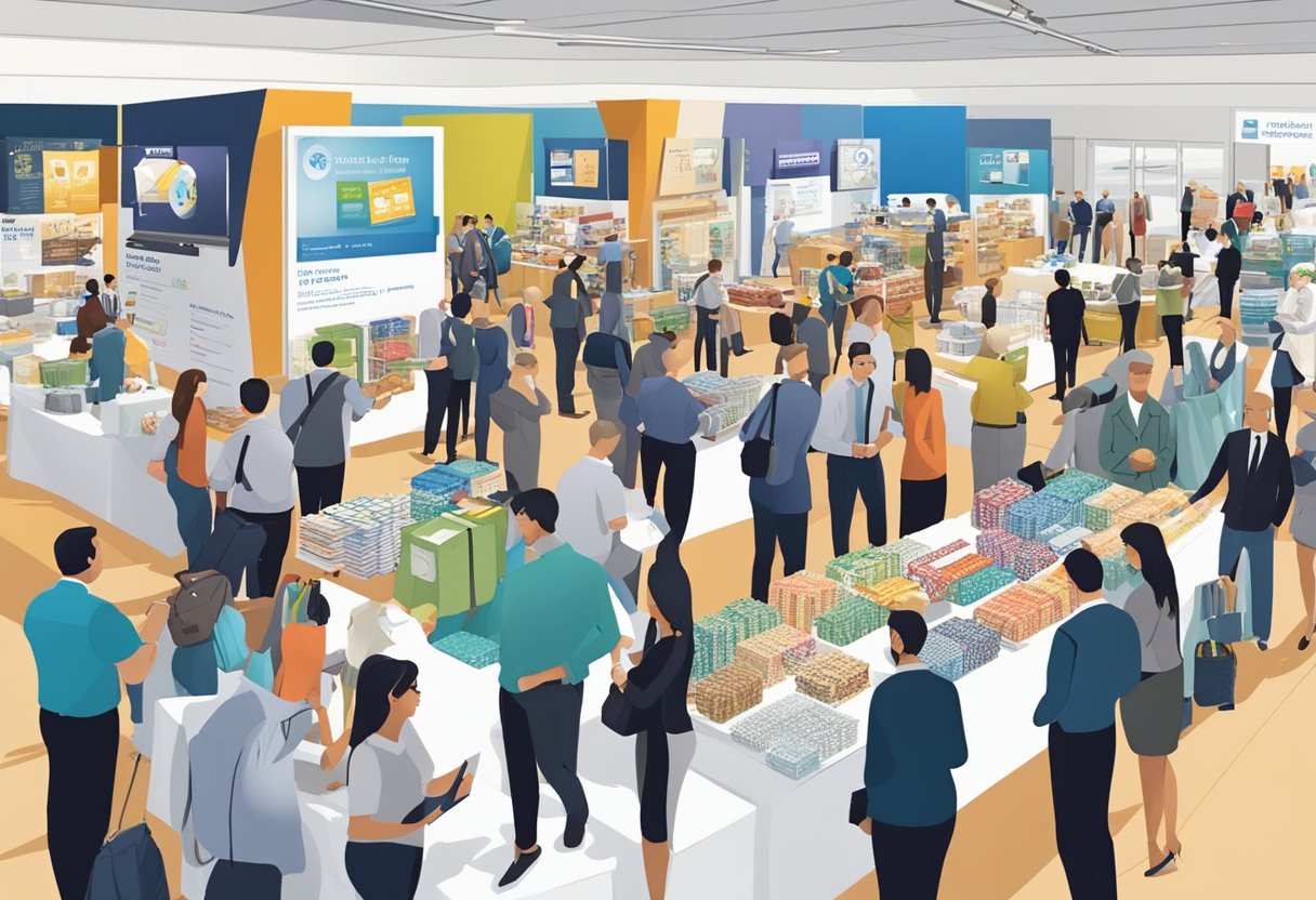 A busy corporate gift show with vendors, attendees, and signage. Tables display various products while people interact and exchange business cards