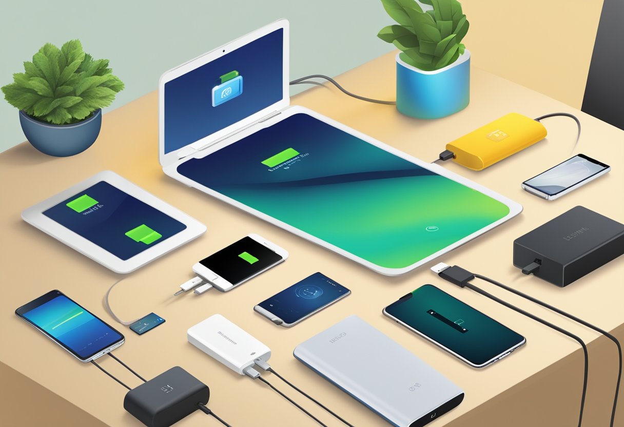 A table with a variety of powerbanks displayed, surrounded by promotional materials and a sign reading "Frequently Asked Questions powerbank promotion"
