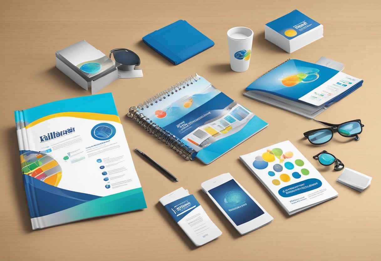 A table with a variety of promotional products displayed, including branded merchandise and informational brochures