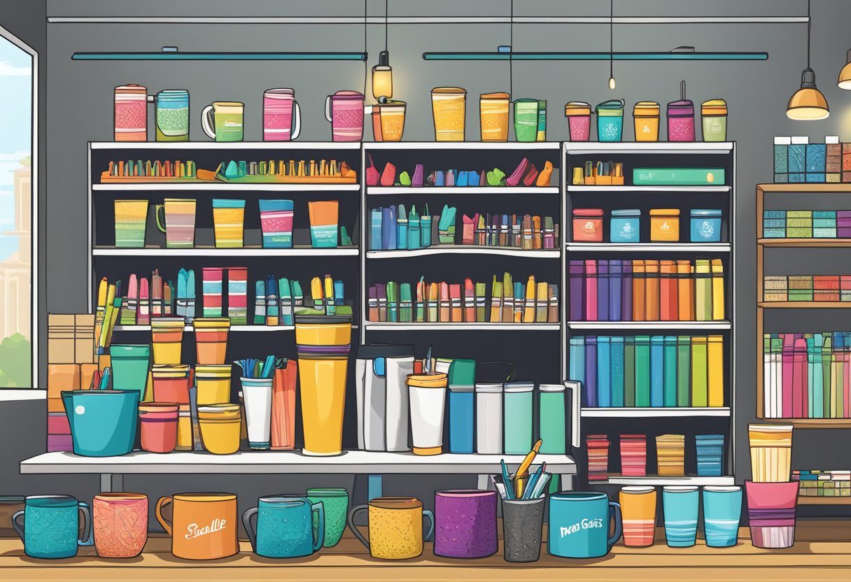 A table displays branded pens, mugs, and notebooks. A banner reads "Small Business Corporate Gifts" above shelves of colorful items