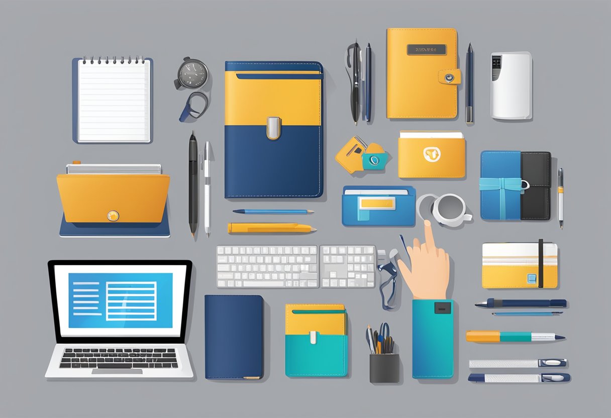 A table displaying various corporate gifts such as branded pens, notebooks, and electronic gadgets. A person is arranging the items with a logo in the background