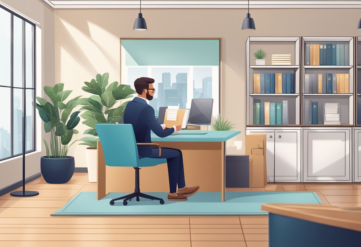 A small business owner receives a beautifully wrapped gift box with their company logo on it, surrounded by elegant office decor and a sense of appreciation