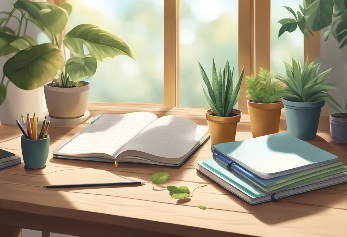 A sustainable notebook sits on a wooden desk, surrounded by eco-friendly stationery and potted plants, with natural light streaming in through a nearby window
